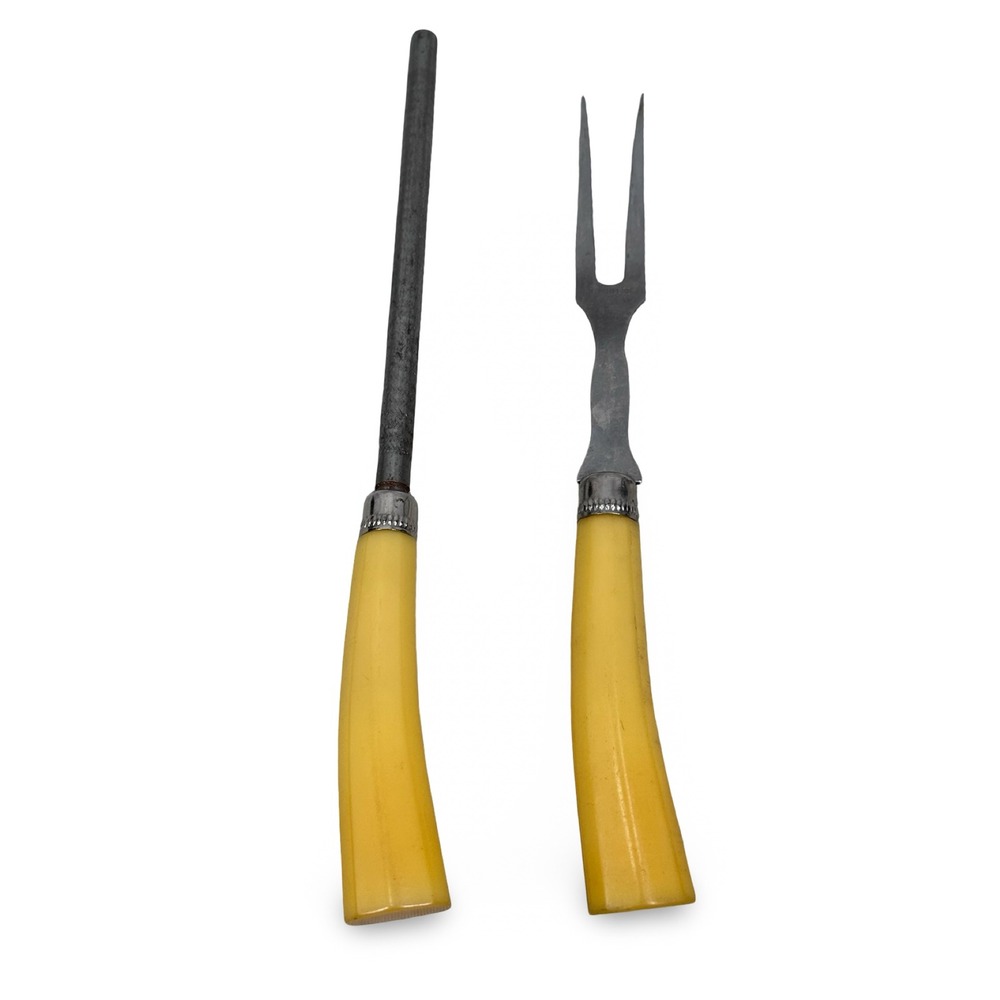Vintage Stainless Steel Carving Fork and Sharpening Steel Set Yellow Handles